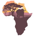 African black buffalo in the savannah. Acacia trees. Vector landscape landscapes in the form of a map of the continent of Africa Royalty Free Stock Photo
